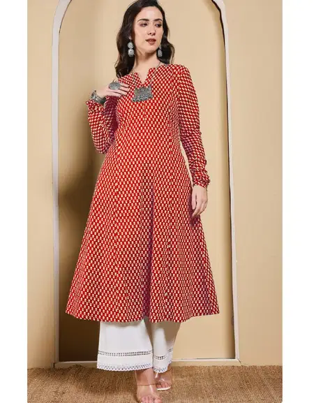 Red Colour Printed Cotton Best Kurtis Wholesale Shop In Surat FAR0120
